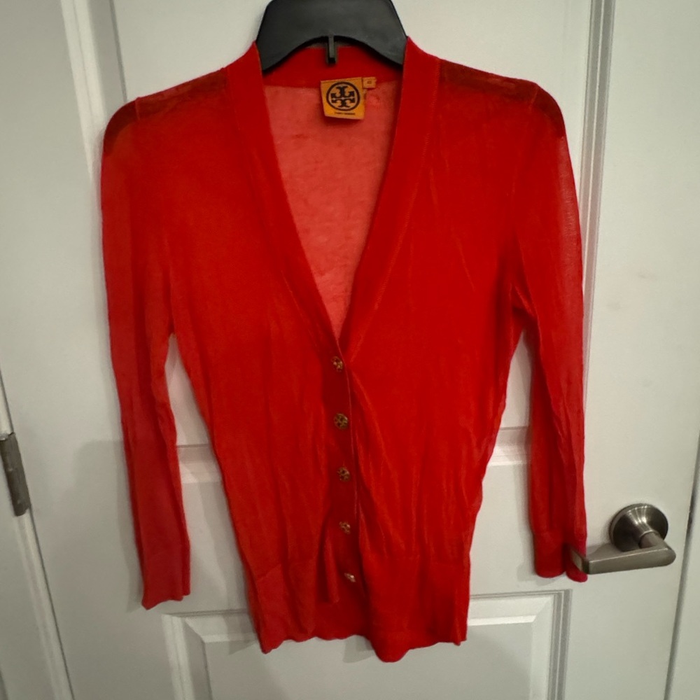 Tory Burch Red Cardigan Sweater V-Neck Fine Knit